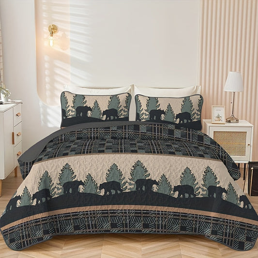 Plaid Wood Bear Walking Print Bedding Quilt Set: Soft and Lightweight, Suitable for All Seasons, 3-Piece Set (1 Bed Cover + 2 Pillowcases, No Filling)