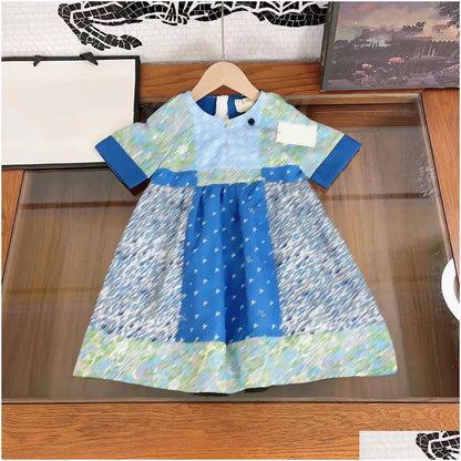 Girls Dresses 23Ss Princess Dress Short-Sleeved Kids Designer Clothes Lapel Lattice Splicing Belt Shirtdress Big Shirt Skirts Drop Del Dhnu8