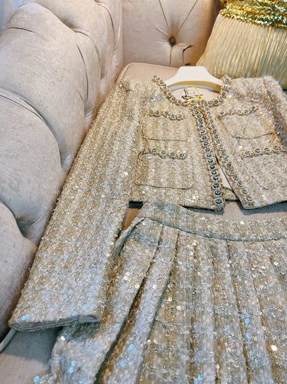 Spring Champagne Beaded Rhinestone Two Piece Dress Sets Long Sleeve Round Neck Tweed Pockets Coat + High Waist Pleated Short Skirt Set Two Piece Suits D3N233219