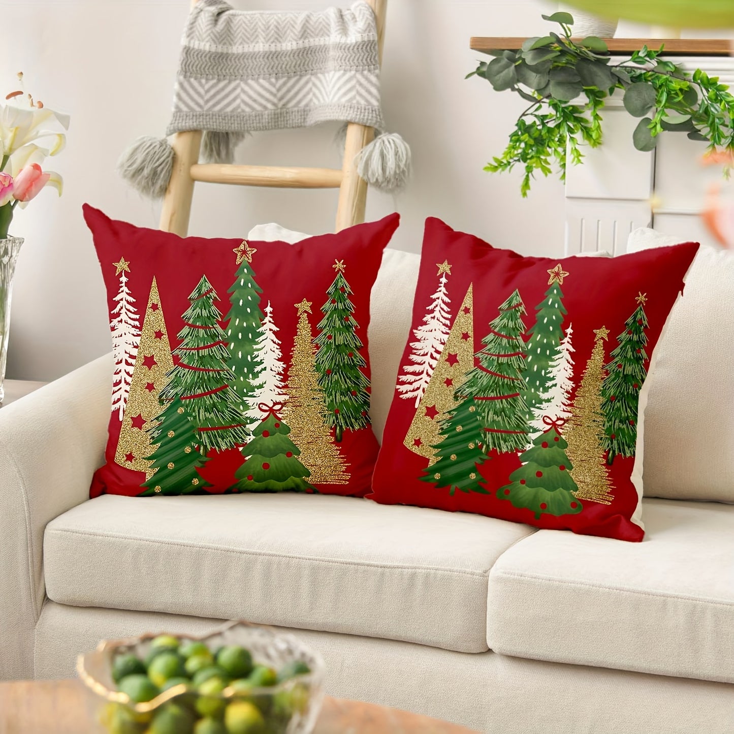 2pcs Short Plush Christmas Tree Decorative Red Throw Pillows Winter Christmas Suitable For Bedroom Living Room Sofa Car Decoration 18*18 In One Side Printing No Pillow Core