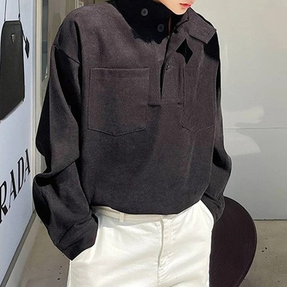 flowersverse Spring Lapel Single Breasted Hoodies Top Men Fashion Long Sleeve Solid Sweatshirt Men Clothing Casual Pockets Sweatshirts