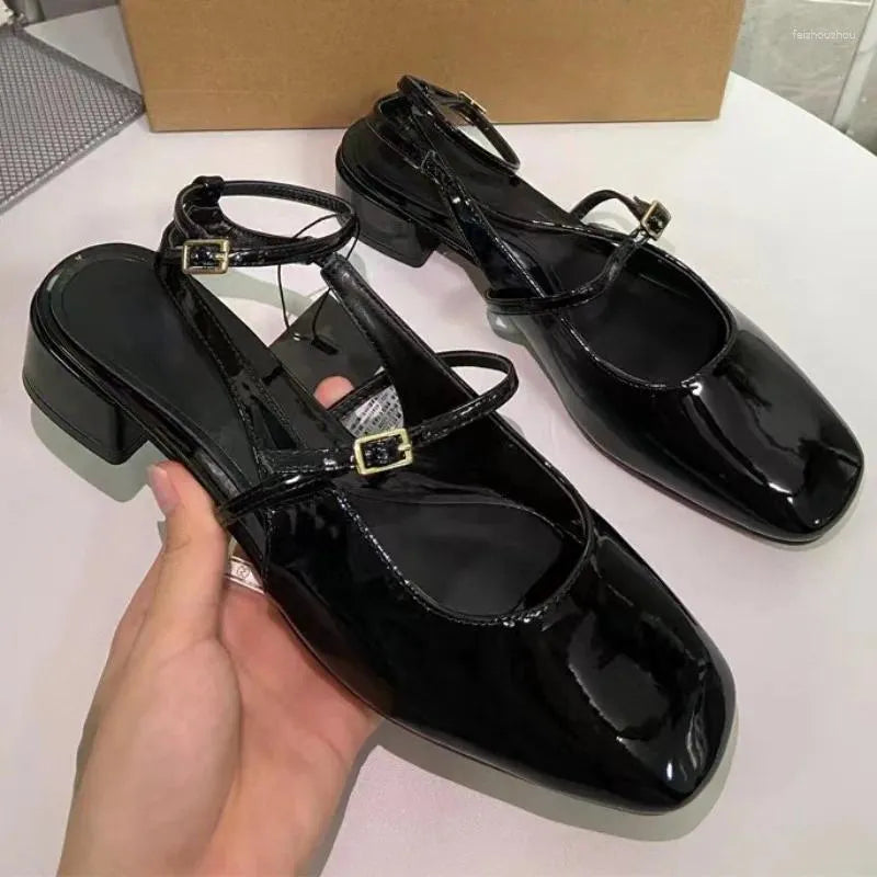 Sandals Elegant Office Shoes For Women Black Leather Square Toe Chic Outdoor Casual Slingbacks Ankle Strap Summer Lady Heeled