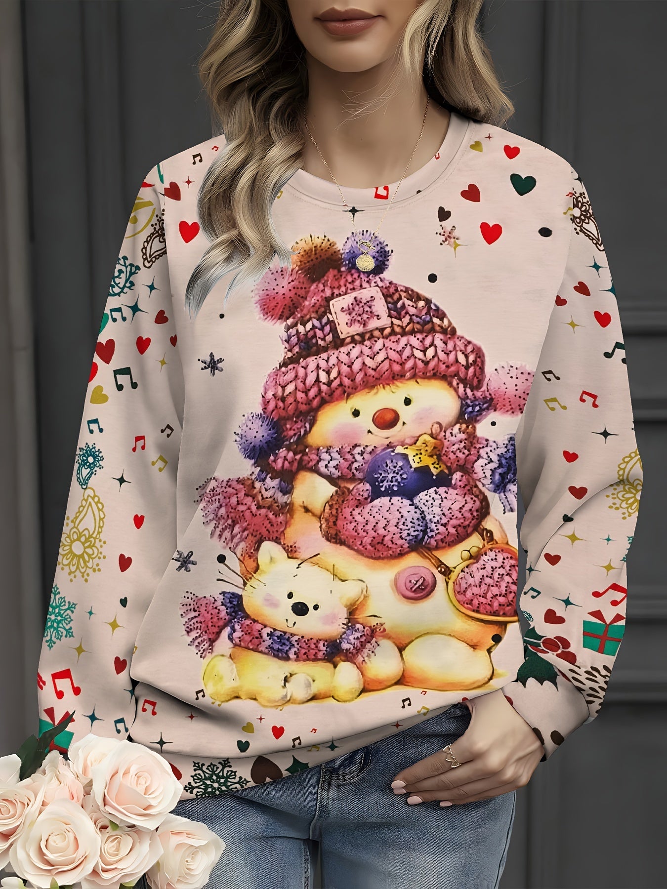 Women's Festive Christmas Snowman Print Crew Neck Sweatshirt - Casual Long Sleeve Pullover, Breathable Polyester Blend, Machine Washable, Stretch Fit for All Seasons