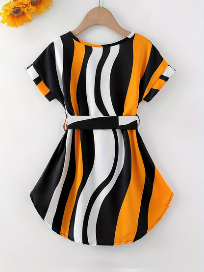 Girls Adorable Striped Dress with Chic Strap - Short Sleeve Summer Wear for Parties & Gifts - Comfortable & Fashionable