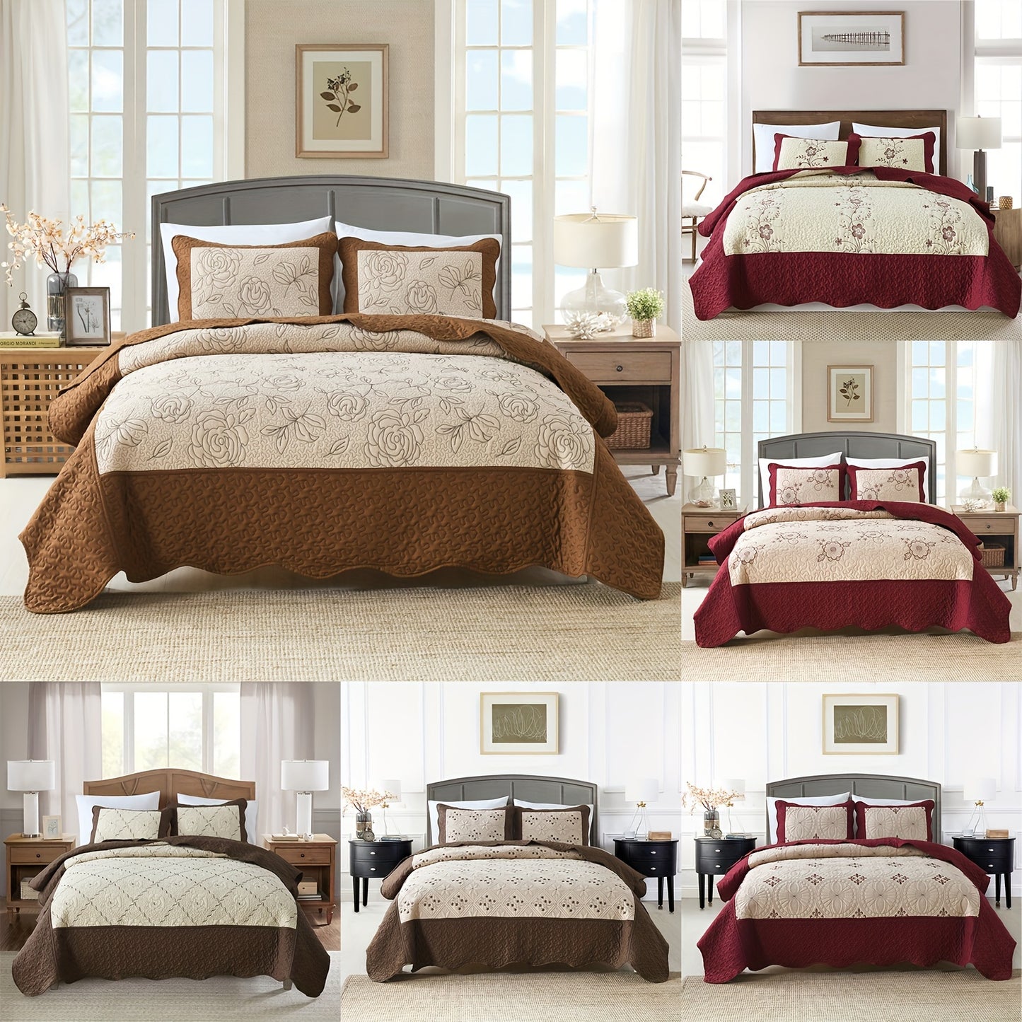 3pcs Red Embroidered Quilted Bedspread Set - Reversible, Soft, Breathable, Comfortable, and Machine Washable - Flower Pattern for Summer, Ideal for Bedroom and Dorm Room