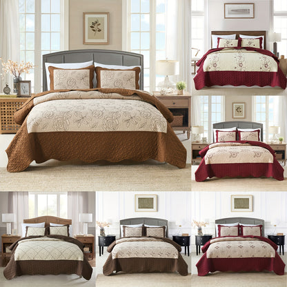 3pcs Red Embroidered Quilted Bedspread Set - Reversible, Soft, Breathable, Comfortable, and Machine Washable - Flower Pattern for Summer, Ideal for Bedroom and Dorm Room