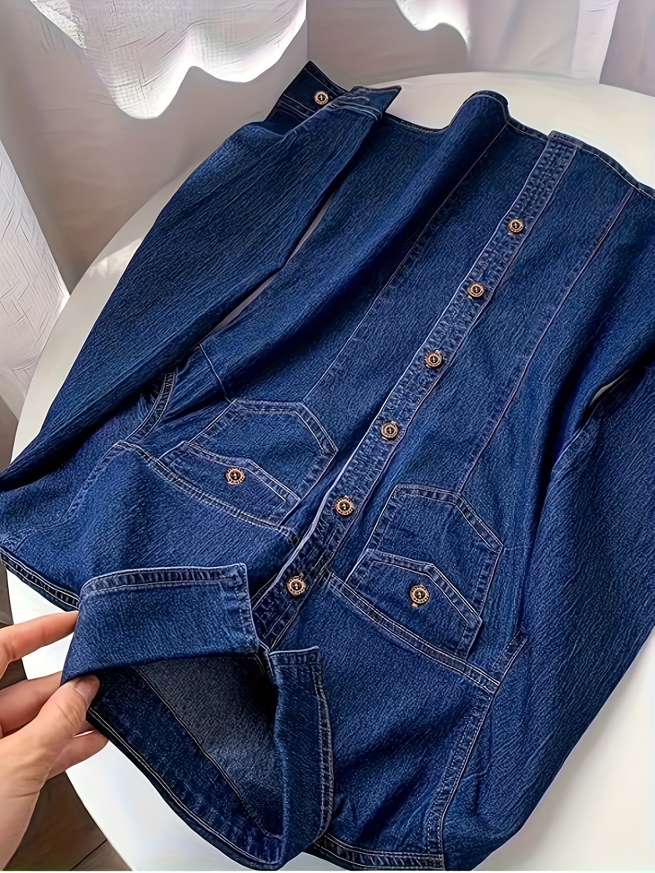 Classic Long Sleeve Denim Shirt - Casual Washed Blue, Button-Fly with Flap Pockets, Women's Everyday Comfortable Denim Apparel