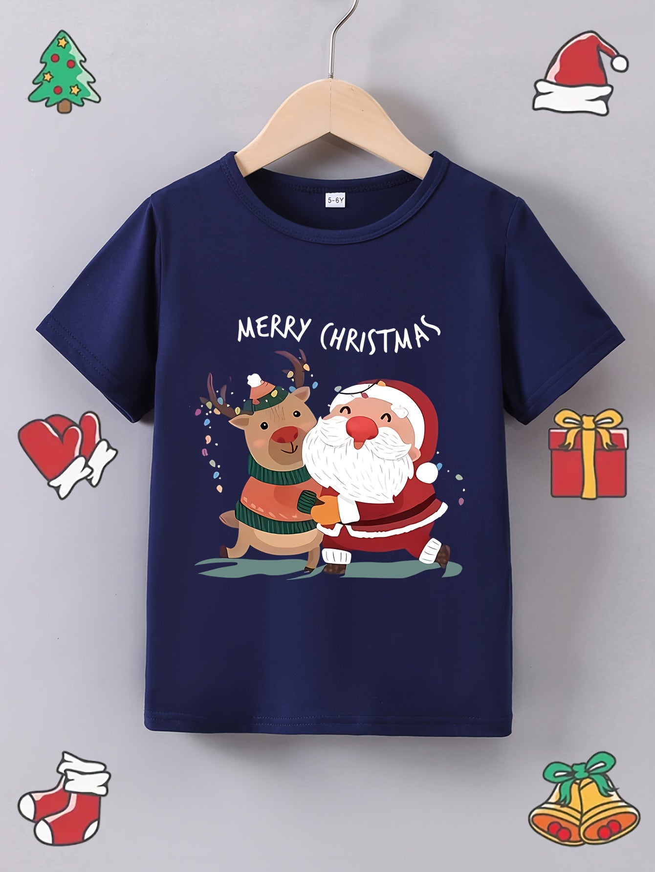 Fun Boys' Cartoon Santa and Reindeer Print Casual Crew Neck Polyester T-Shirt for Summer - Kids Merry Christmas Tops with Slight Stretch