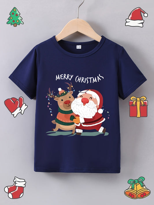 Fun Boys' Cartoon Santa and Reindeer Print Casual Crew Neck Polyester T-Shirt for Summer - Kids Merry Christmas Tops with Slight Stretch