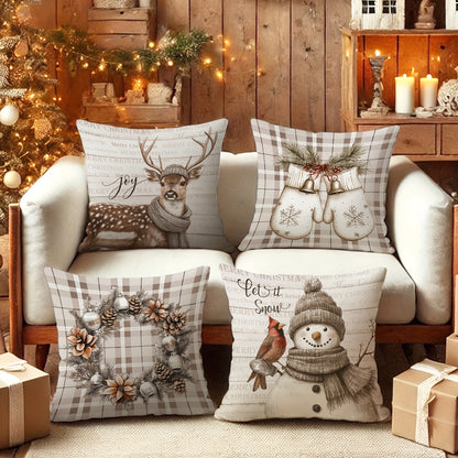 Set of 4 Christmas Velvet Throw Cushion Covers with Snowman, Deer, and Wreath Designs, Contemporary One-Sided Print Decorative Case for Farmhouse Sofa and Living Room Decor, Zipper Closure, Machine Washable - Without Inserts