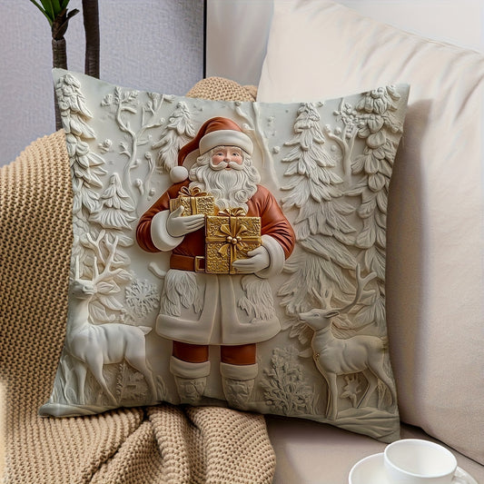 1pc Santa Claus Holding Golden Gifts White Elk 2d Printed Pillowcase 18 x 18 Inch Short Plush Polyester Material Can Be Washed with Zipper Pillowcase Decoration Bedroom Living Room Home Decoration Holiday Atmosphere Beautification Decoration Pillowcase Wi