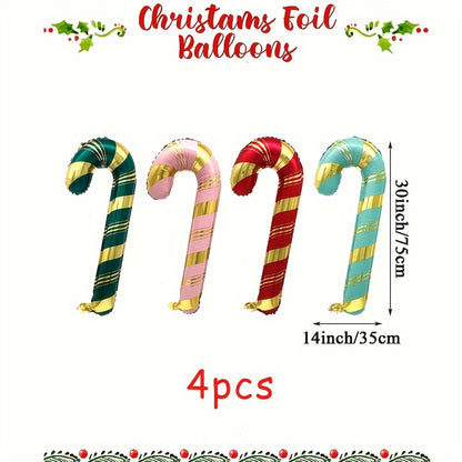 Set of 4 Christmas Candy Cane Foil Balloons - Festive Aluminum Film Balloon Decorations for Holiday Party & Christmas Photography Props