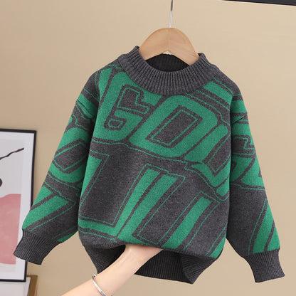 Kid's Color Clash Letter Jacquard Sweater, Street Style Cable Knit Pullover, Casual Long Sleeve Top, Boy's Clothes For Fall Winter, As Gift