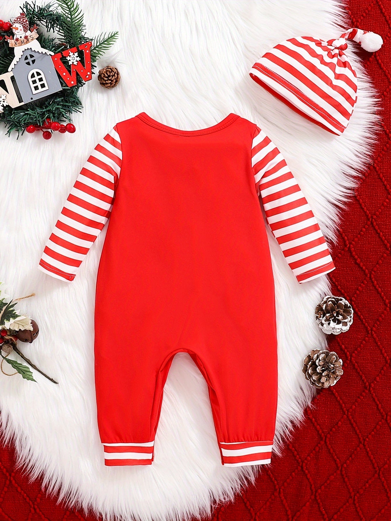 Infant Baby Unisex "My 1st Christmas" Alphabet Print Striped Long Sleeve Romper & Beanie Set - Cute Polyester Knit Fabric Outfit for Fall/Winter, For Outdoor