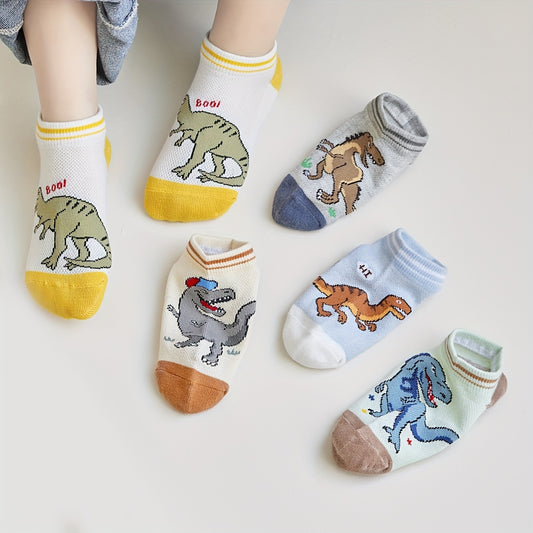 5 Pairs Of Boy's Trendy Dinosaur Pattern Thin & Mesh Breathable No Show Socks, Comfy Casual Soft Socks For Kid's Outdoor Activities