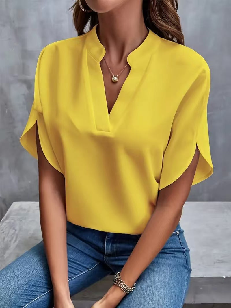 flowersverse Loose Batwing Sleeves Solid Color V-Neck Blouses&Shirts Tops
