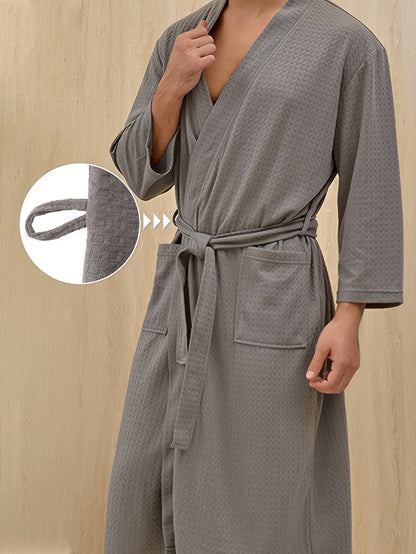 Quick-Drying Korean Style Mens Bathrobe - Lightweight & Absorbent Sleep Robe with Crop Sleeves, V-Neck, Solid Color & Adjustable Belt - Perfect for Summer Lounging & Spa Home Wear