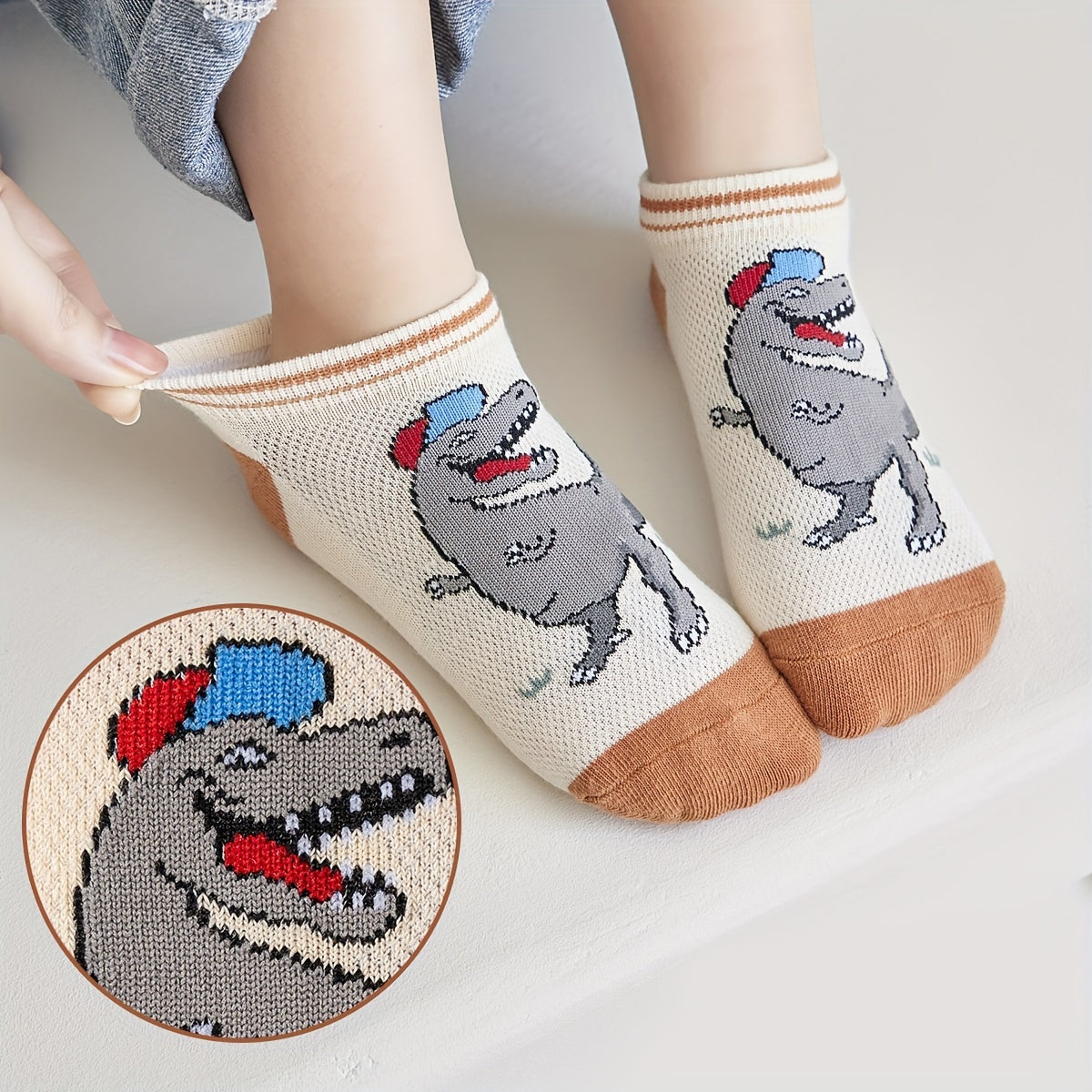 5 Pairs Of Boy's Trendy Dinosaur Pattern Thin & Mesh Breathable No Show Socks, Comfy Casual Soft Socks For Kid's Outdoor Activities