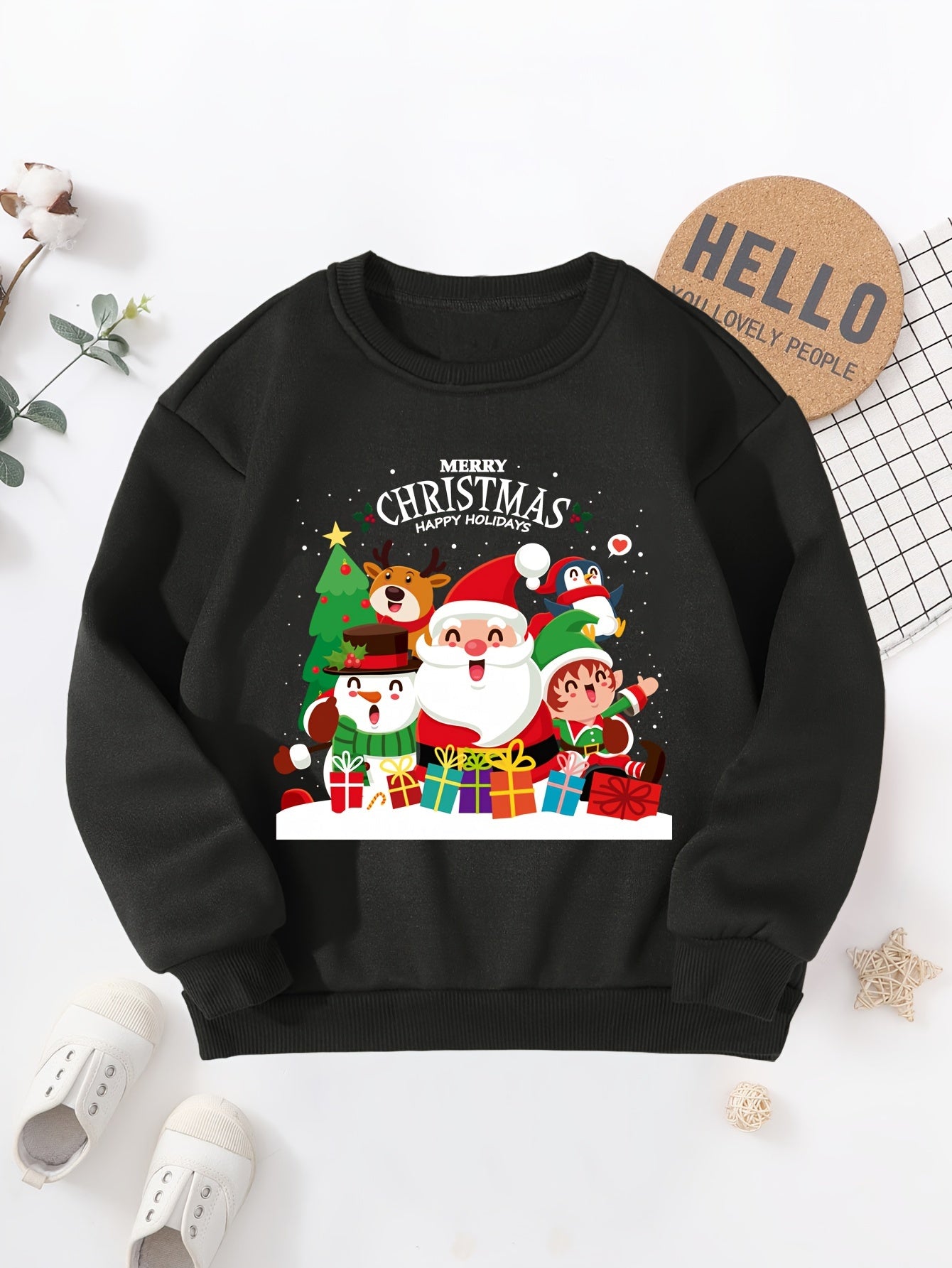 Boys' Cozy Fleece-Lined Christmas Sweatshirt with Santa & Friends Print - Casual Long Sleeve Pullover for Fall/Winter