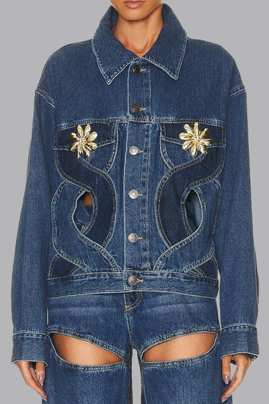 flowersverse flowersverse - Blue Casual Color Lump Solid Hollowed Out Buttons Metal Accessories Decoration Turndown Collar Long Sleeve Regular Denim Jacket