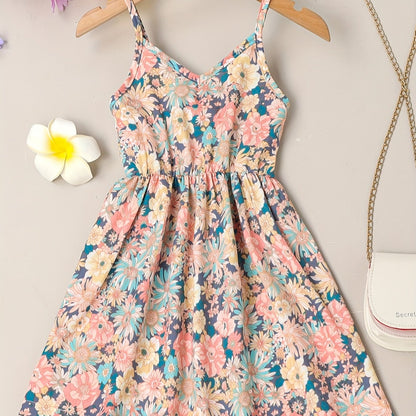 Girls' Summer Floral Sundress - Easy-Care, Durable Fabric with Casual V-Neck & Elastic Waist