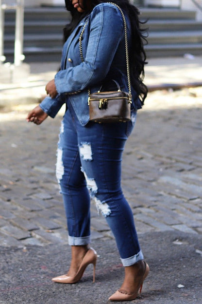 flowersverse flowersverse - Light Blue Casual Solid Patchwork Turndown Collar Long Sleeve Regular Denim Jacket