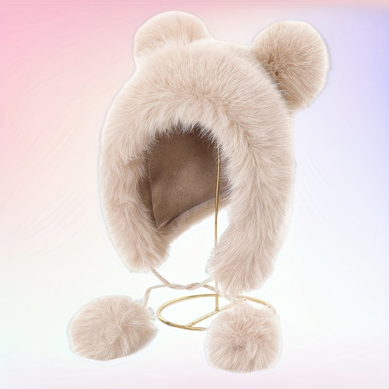 Cozy Plush Bear Ear Beanie For Women - Warm, Stretchy Acrylic Winter Hat With Ear Flaps, Fashionable & Versatile