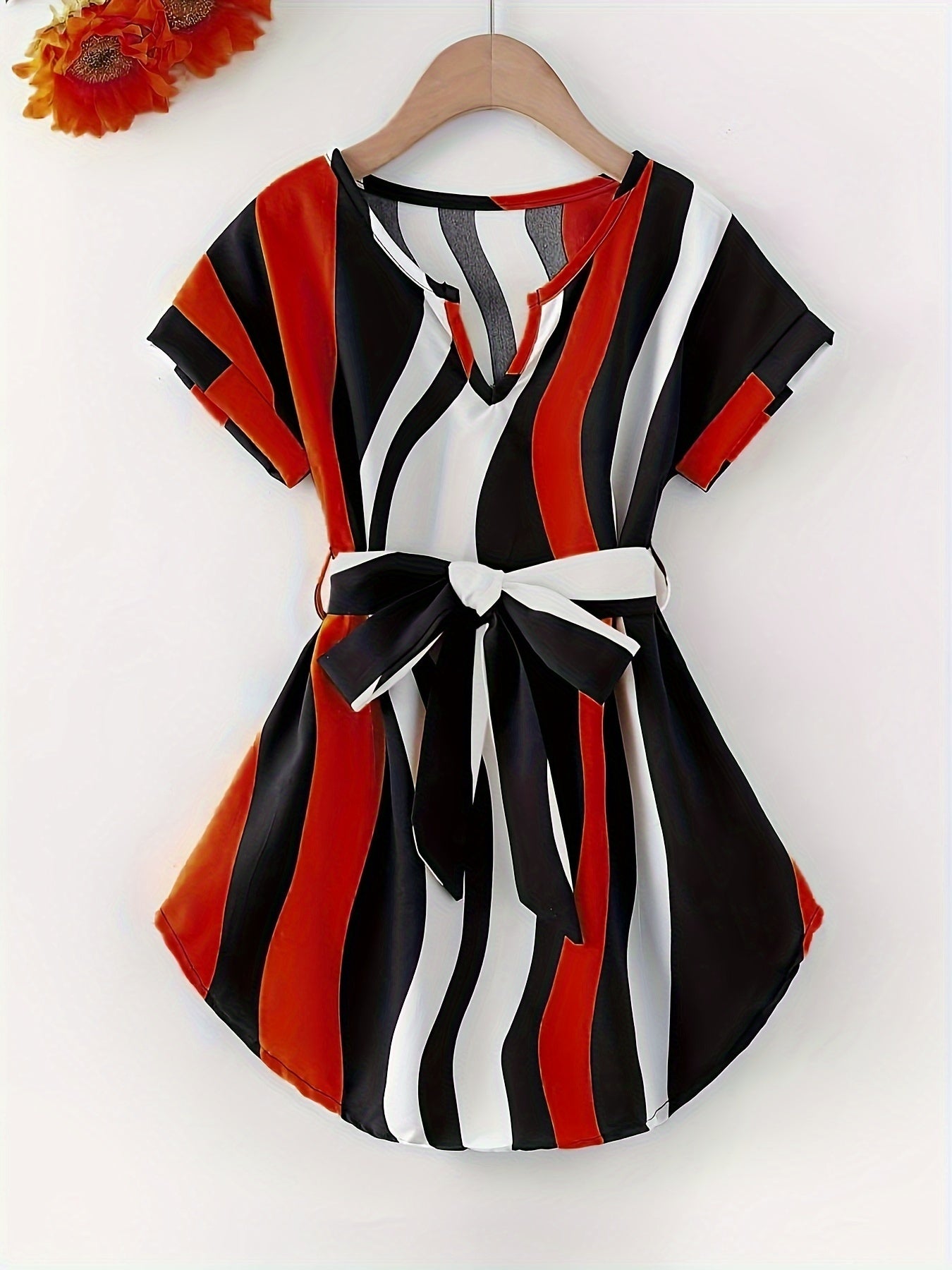 Girls Adorable Striped Dress with Chic Strap - Short Sleeve Summer Wear for Parties & Gifts - Comfortable & Fashionable