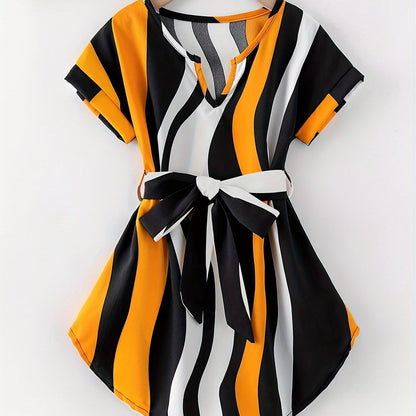 Girls Adorable Striped Dress with Chic Strap - Short Sleeve Summer Wear for Parties & Gifts - Comfortable & Fashionable