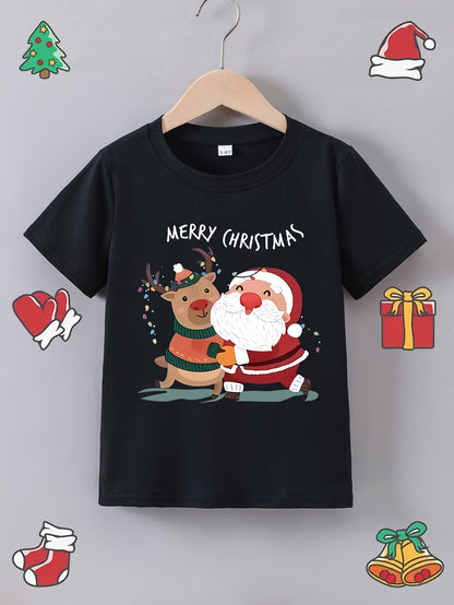 Fun Boys' Cartoon Santa and Reindeer Print Casual Crew Neck Polyester T-Shirt for Summer - Kids Merry Christmas Tops with Slight Stretch