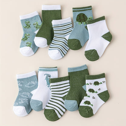 10pcs Boys' Dinosaur Crew Socks - Breathable, Comfortable & Stylish With Sweat Absorption, Perfect For All Seasons