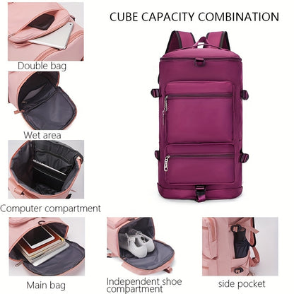 Large Capacity Travel Backpack - Adjustable Strap, Water-Resistant, Dry Wet Separation, Polyester Lining, Nylon Material, Solid Color, Ideal for Holiday, Camping, Climbing, Hiking, and Gym Sports