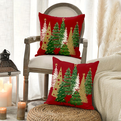 2pcs Short Plush Christmas Tree Decorative Red Throw Pillows Winter Christmas Suitable For Bedroom Living Room Sofa Car Decoration 18*18 In One Side Printing No Pillow Core