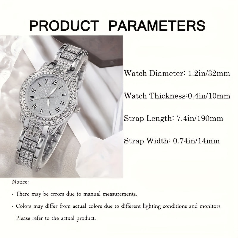 6 Pcs Stunning Round Rhinestone Quartz Watches - Stainless Steel Strap, Zinc Alloy Pointer, Dazzling Dial, and Rhinestone Accented Bracelet Necklace Earrings Jewelry Set - Perfect Gift for Loved Ones on Valentine's Day, Easter, Ramadan, Birthdays, Mother'