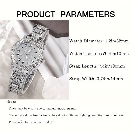 6 Pcs Stunning Round Rhinestone Quartz Watches - Stainless Steel Strap, Zinc Alloy Pointer, Dazzling Dial, and Rhinestone Accented Bracelet Necklace Earrings Jewelry Set - Perfect Gift for Loved Ones on Valentine's Day, Easter, Ramadan, Birthdays, Mother'