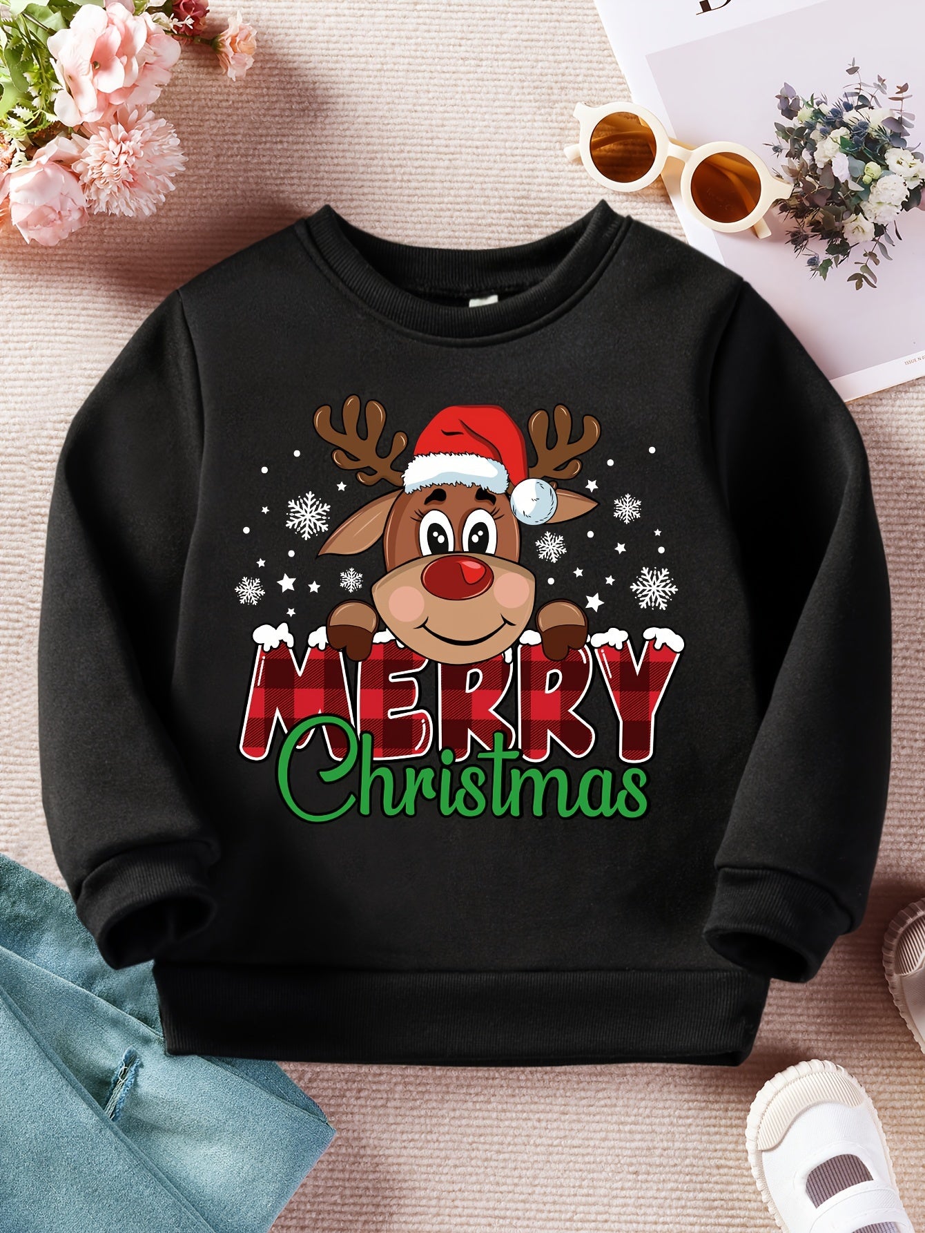 Girls Fleece Warm Sweatshirt Merry Christmas Letter Print Super Cute Elk Pattern Casual Long Sleeve Pullover Tops for Autumn And Winter