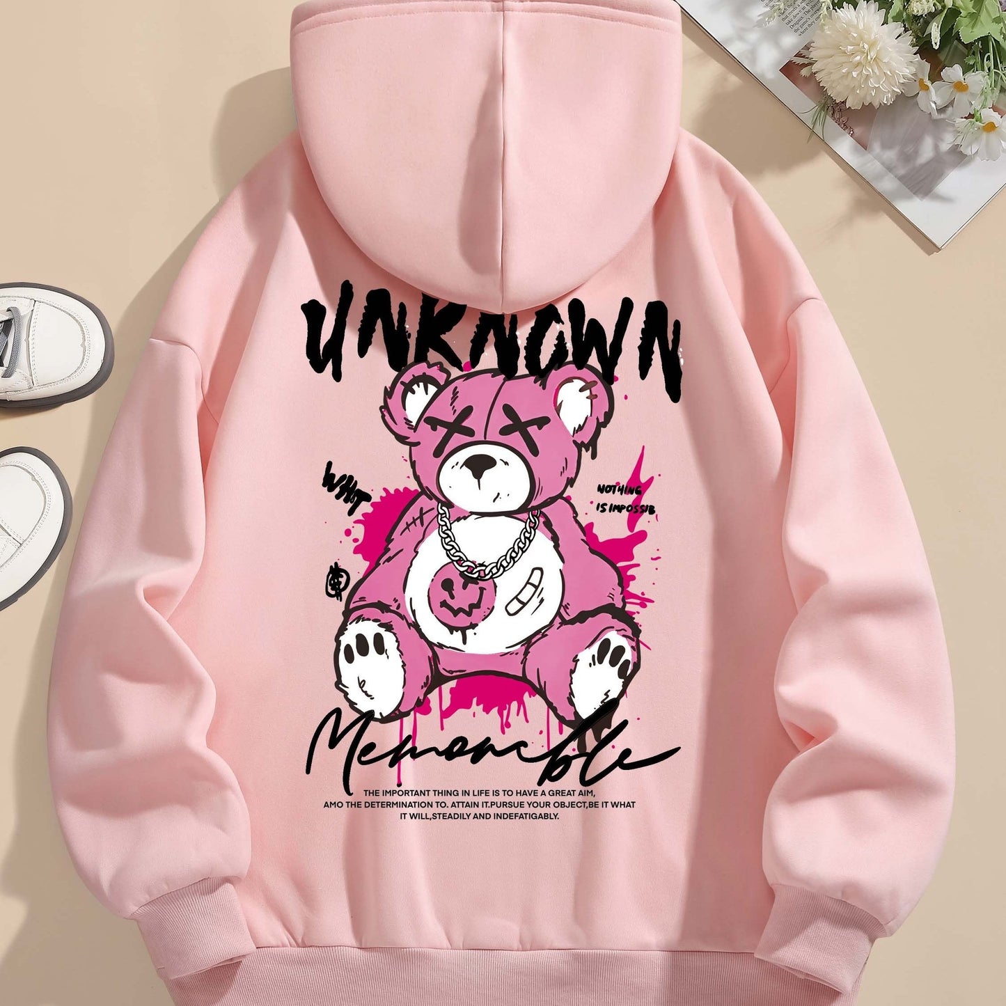 Womens Cute Cartoon Bear Print Hooded Sweatshirt - Soft Long Sleeve Drawstring Casual Wear - Trendy Comfortable Relaxed Fit for Everyday Fashion