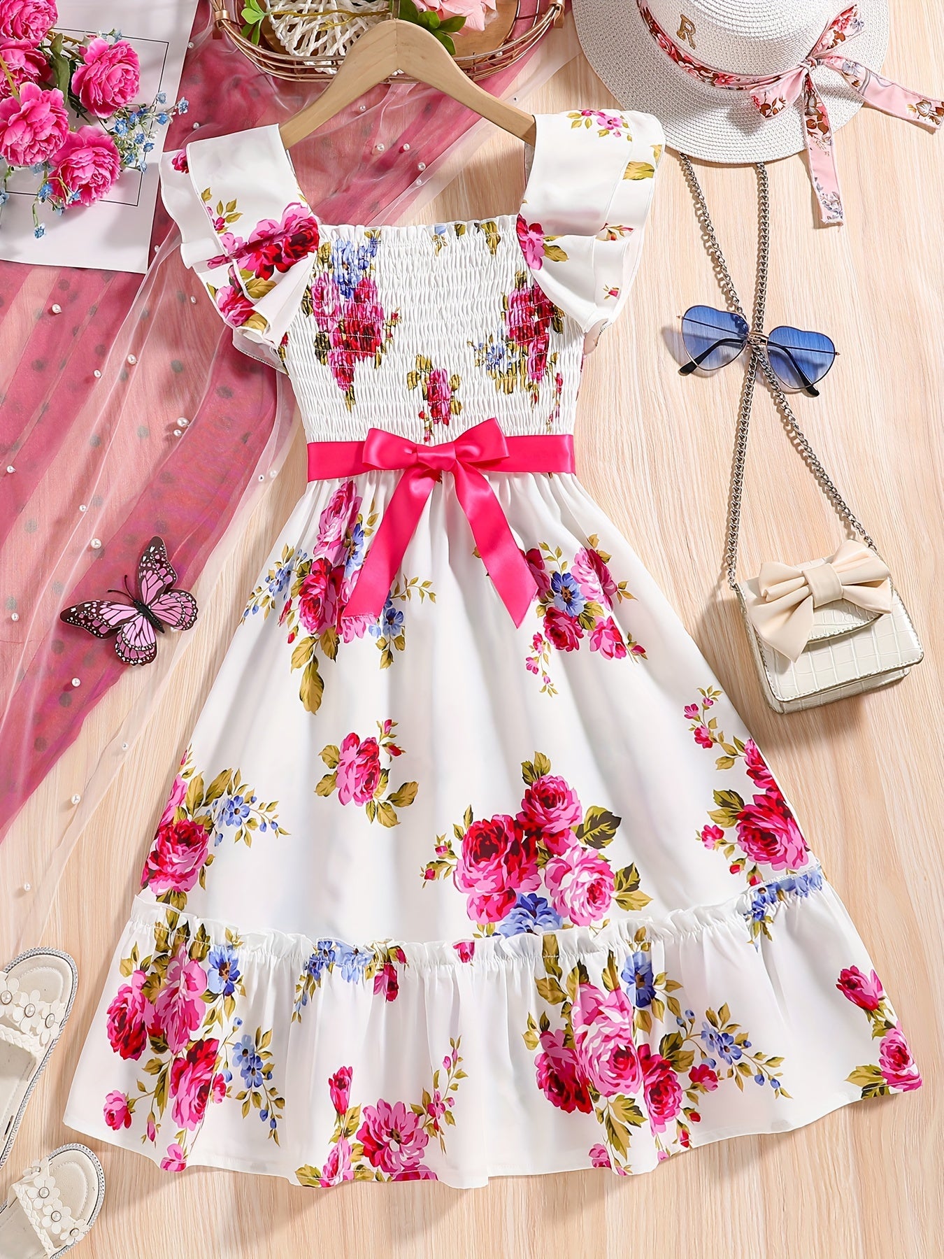 Summer Blossom: Elegant Floral Fit & Flare Dress for Girls - Sleeveless with Applique, Ruffle Trim, Durable & Easy-Care