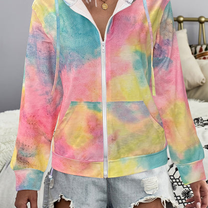 Tie Dye Zip Up Hoodie, Casual Long Sleeve Drawstring Hoodies Sweatshirt, Women's Clothing