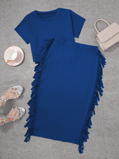 Tassel Embellished Crew Neck Short Sleeve Top & High Waist Slim Fit Skirt Set - Polyester Fabric, High Elasticity, Solid Color, No Printing, Young Stylish Design - Ideal for All Seasons