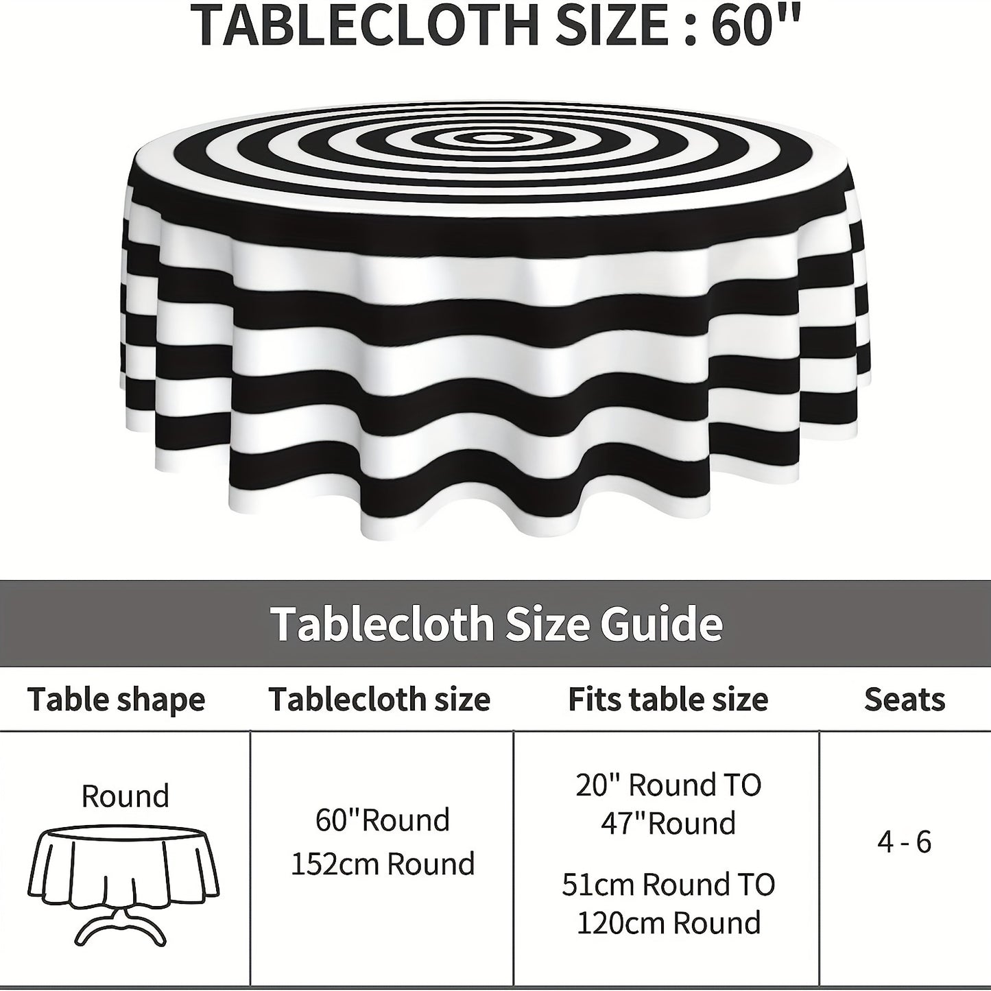 1PC, Deluxe Round Tablecloth - 60 Inch, Stain, Water, and Wrinkle Resistant, Easy Care, Simple yet Elegant Decoration for Home Kitchen, Dining Room, Patio, Indoor, and Outdoor Use