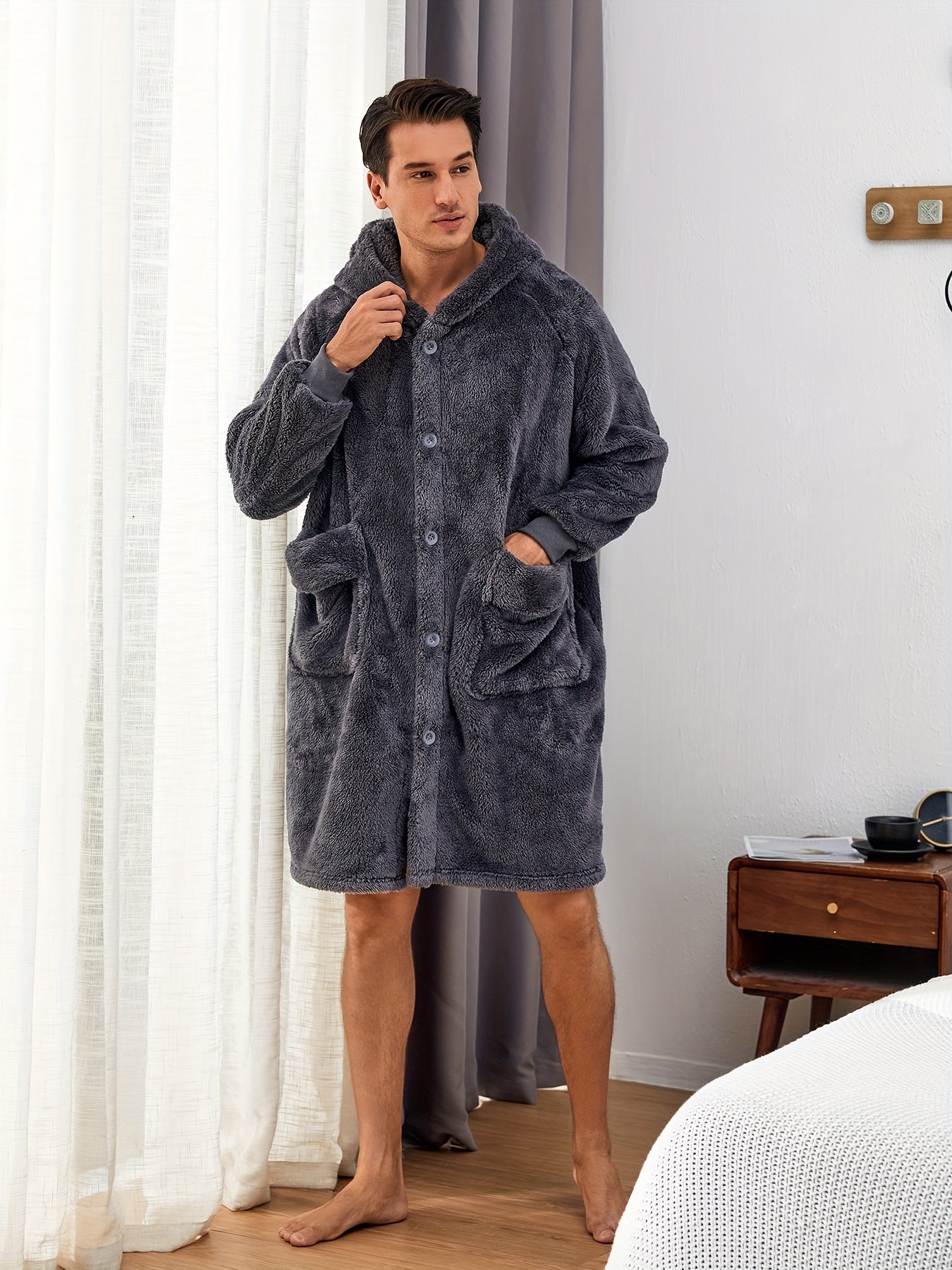 Cozy Fleece Robe - Ultra-Soft Hooded Pajamas with Pocket & Hair Dry Hat, One-Piece Button-Up Kimono Night-Robe for Men, Perfect for Home Use After Bath, Warm and Toasty for Chilly Evenings