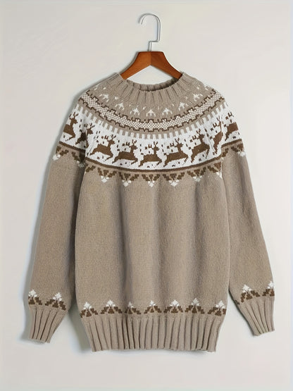 1pc Women's Casual Christmas Reindeer Pattern Pullover Sweater, Long Sleeve Round Neck Knitwear, Autumn/Winter Season, Color Block Detail, Acrylic Material