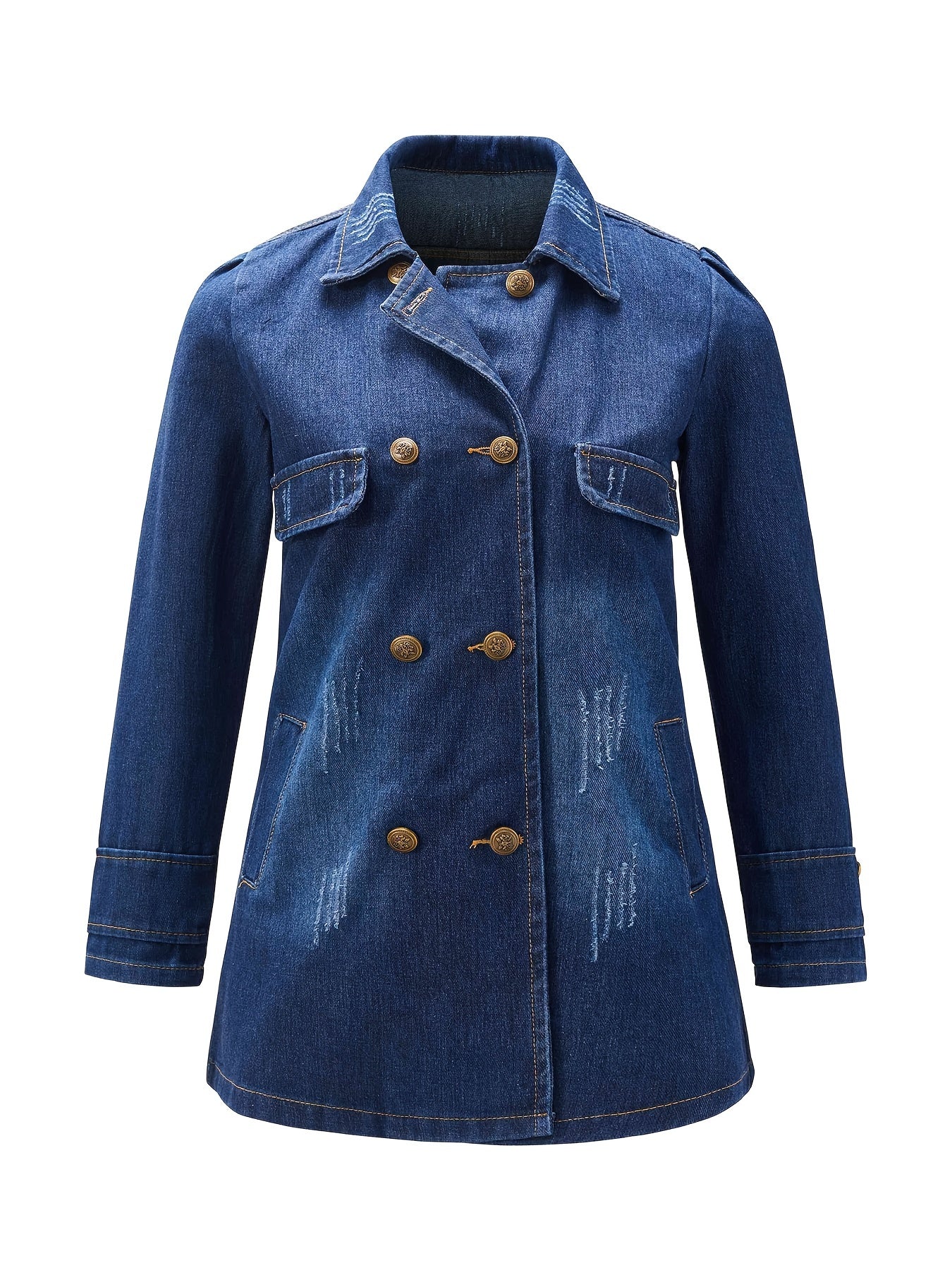 Chic Double-Breasted Denim Jacket: Color Block, Ripped Details - Trendy Fall/Winter Casual Coat with Flap Pockets