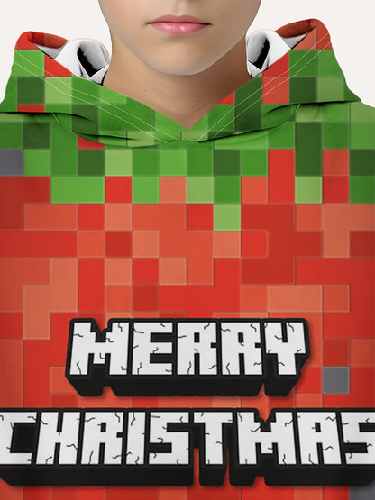 3D Print Boys Hoodie, Stay Stylish and Cozy Merry Christmas Building Blocks Sweatshirt for Little Fashionista - Perfect Essential for Spring, Fall, and Winter