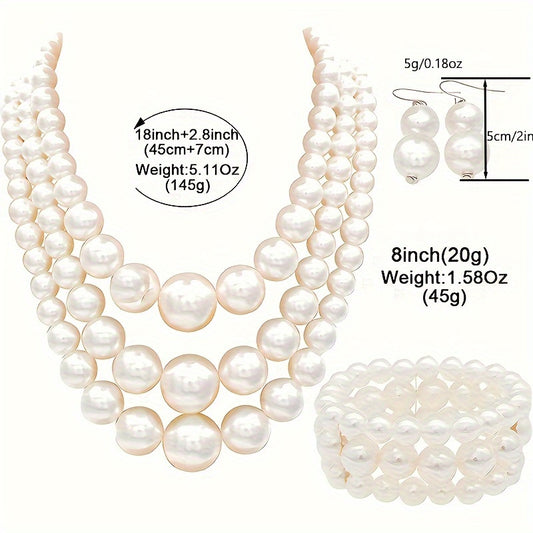 3-Piece Vintage Festive Gift Set - Exquisite Bohemian Luxury Multi-Layer Faux Pearl Jewelry with Necklace, Bracelet, and Earrings - Perfect for Any Occasion, Elegant and Sophisticated Accessory for Women