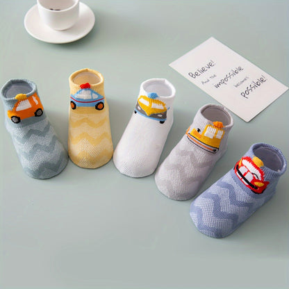 5 Pairs Of Toddler's Cute Car Design Low-cut Ankle Socks, Soft Comfy Cotton Blend Children's Socks For Boys Girls All Seasons Wearing