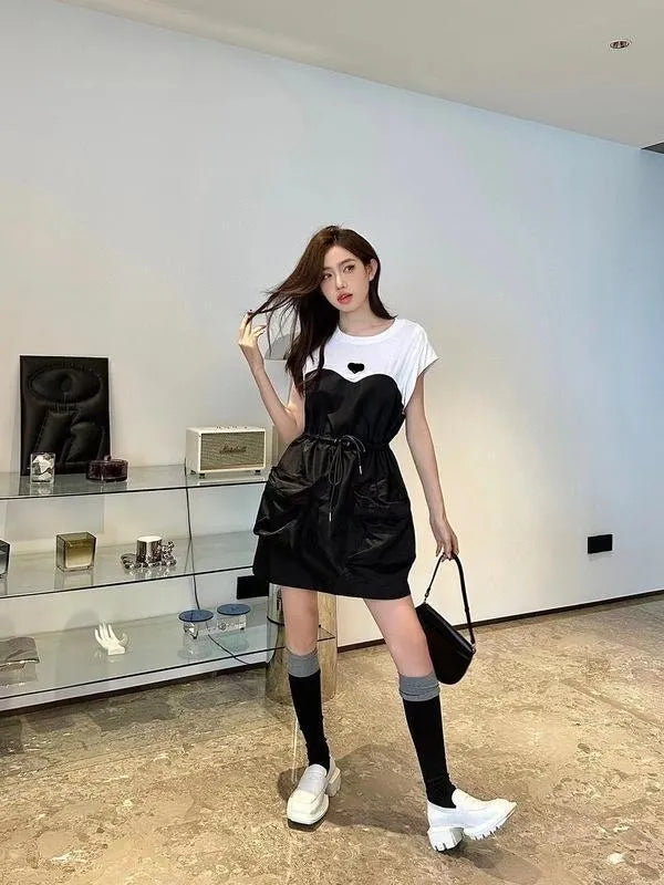 European fashion women o-neck short sleeve color block triangle logo appliqued designer loose palazzo pockets drawstring dress LXLXXL3XL