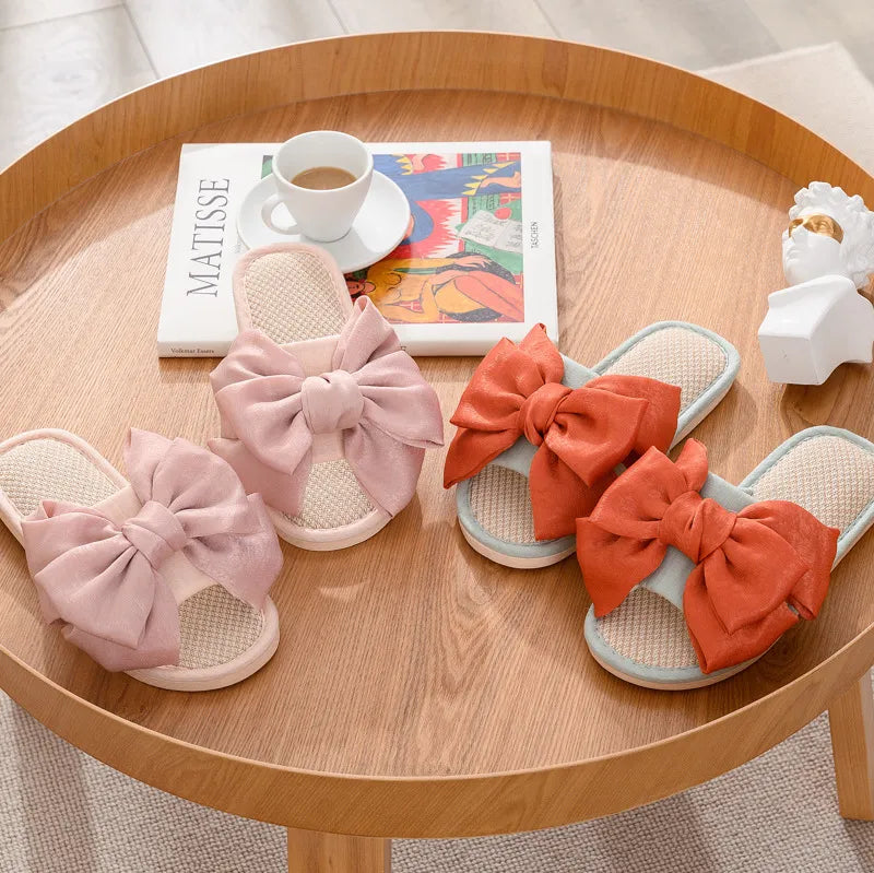 New fashion linen slippers women's silk bow cotton linen slippers women's indoor home can wear sandals outside orange