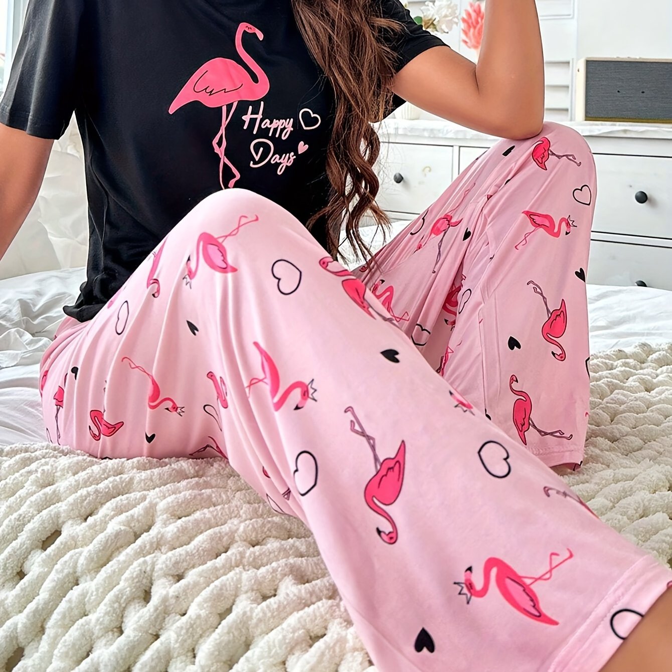 Womens Flamingo Print Relaxed Fit Pajama Set - Soft Polyester Short Sleeve Crew Neck Top & Pants with Bow Details - Comfortable, Cute, and Cozy for All Seasons